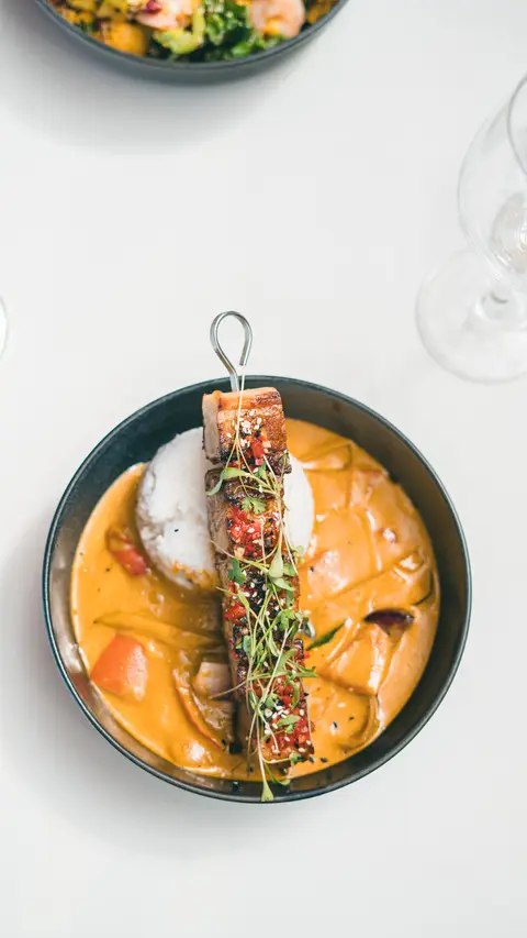 Thai chicken curry with a grilled skewer over jasmine rice, seen from above