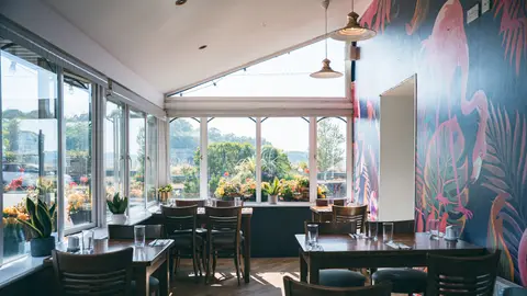 A sunlit corner of the orangery with a flamingo mural and garden windows